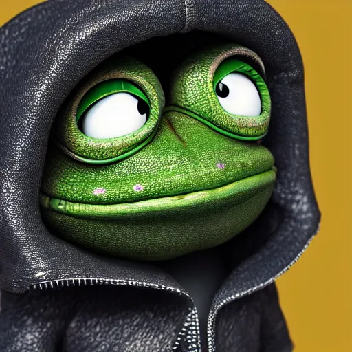 Image similar to perfectly accurate miniature figure of pepe the frog wearing jeans and a black leather jacket, soft textures, skin texture, clothing, 3d sculpture, textured, fine detail, lifelike, photo, high resolution, octane render, post processing, after effects, trending on artstation