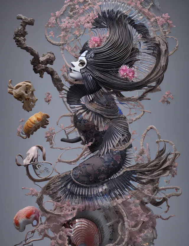 Image similar to 3 d goddess bottom - up with ram skull. beautiful intricately detailed japanese crow kitsune mask and clasical japanese kimono. betta fish, jellyfish phoenix, bio luminescent, plasma, ice, water, wind, creature, artwork by tooth wu and wlop and beeple and greg rutkowski