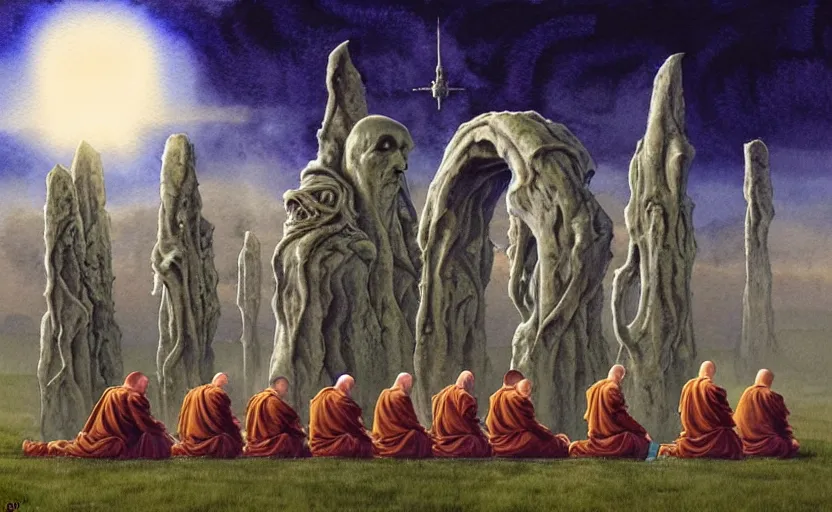 Image similar to a hyperrealist watercolour character concept art portrait of a group of european monks kneeling down in prayer to a tall elegant lovecraftian alien on a misty night in stone henge. a battlecruiser starship is in the background. by rebecca guay, michael kaluta, charles vess and jean moebius giraud