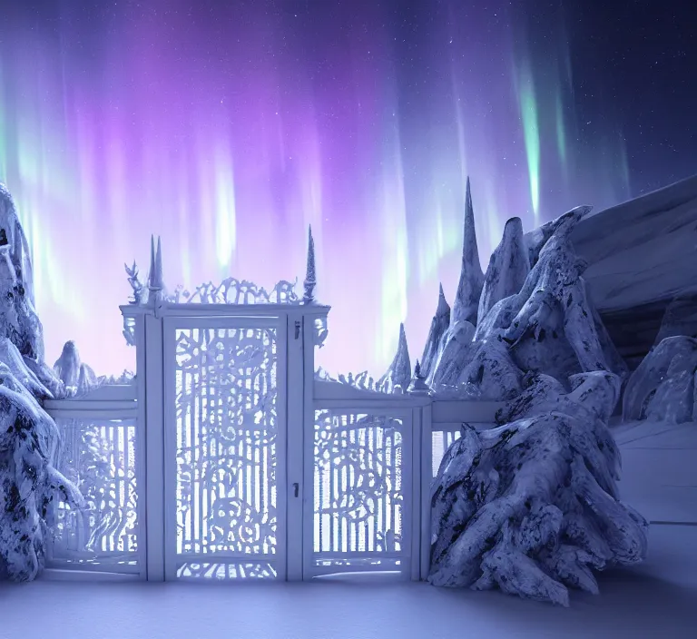 Image similar to a very detailed concept art of intricate and scandinavian white gates to aurora borealis, trending on artstation, symmetry, digital art, 4 k, hyper realistic, octane render, sharp focus