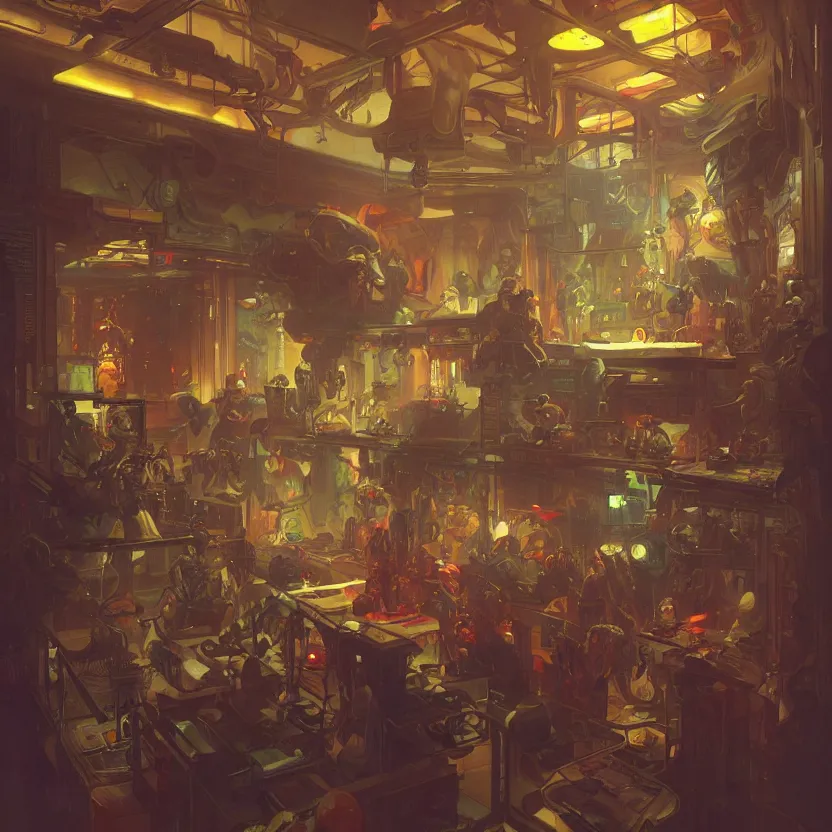 Image similar to inside a dimly lit futuristic toystore. highly detailed, digital painting, artstation, concept art, matte, sharp focus, illustration, art by artgerm and greg rutkowski and alphonse mucha