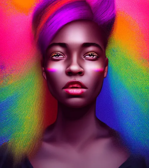Prompt: dramatic lighting portrait of a beautiful! young woman with very dark skin and rainbow colored cotton candy hair. moody and melancholy. dark background with powerful rim light. enhanced eye details with reflection, looking up. digital art by beeple
