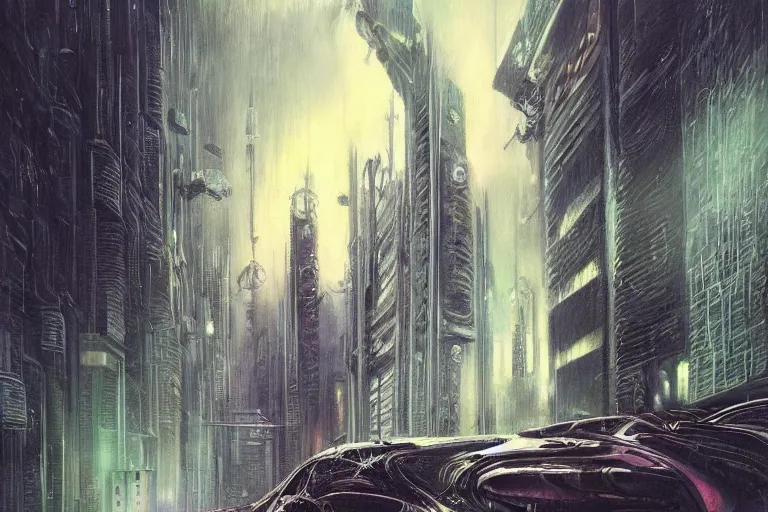 Image similar to highly detailed concept art of blade runner characters, dystopian post - apocalyptic retrofuturistic neon vibe, an ultrafine detailed painting by hans giger and wayne barlowe, trending on deviantart, pop surrealism, whimsical, lowbrow, perfect symmetrical face, sharp focus, octane, masterpiece