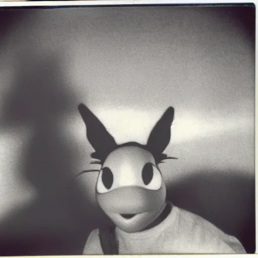 Image similar to a polaroid photography of roger rabbit doing drugs, black and white, blurry, secret photo