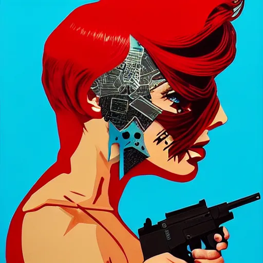 Image similar to portrait of red woman :: side profile :: in ocean :: guns and bullets :: metallic details :: gold :: blood and horror :: by marvel and Sandra Chevrier