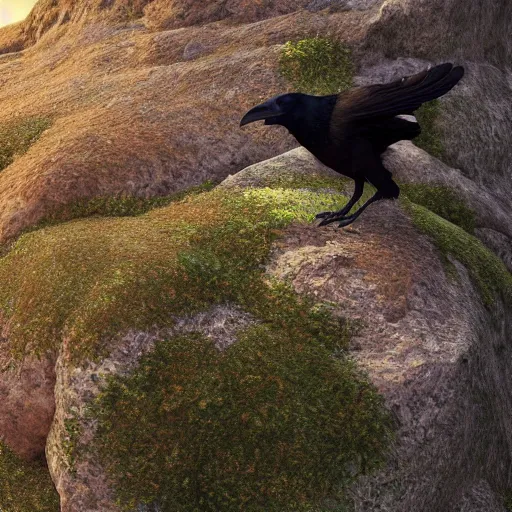 Prompt: a beautifully highly detailed close up portrait of a raven under a rock arch coves crashing waves plants at beautiful serene sunset detailed organic textures by frederic leighton and rosetti and turner and eugene von guerard, 4 k, octane render