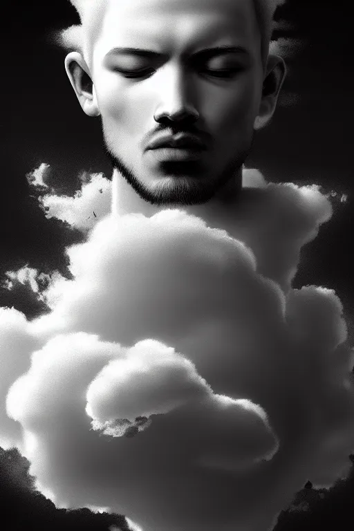 Image similar to of man with cloud head, in the style of etienne sandorfi, solarpunk, atmospheric, clean, intricate and epic composition, gray by caravaggio, insanely quality, highly detailed, masterpiece, white light, artstation, 4 k