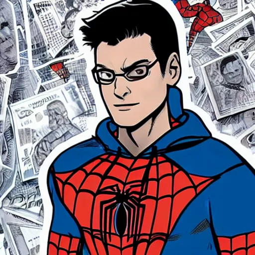 Image similar to peter parker with spider - man hoodie as a cryptocurrency trader in marvel art style