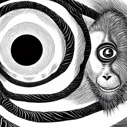 Prompt: surrealist orangutan, manga art, juji ito, style of uzumaki, spiral eyes