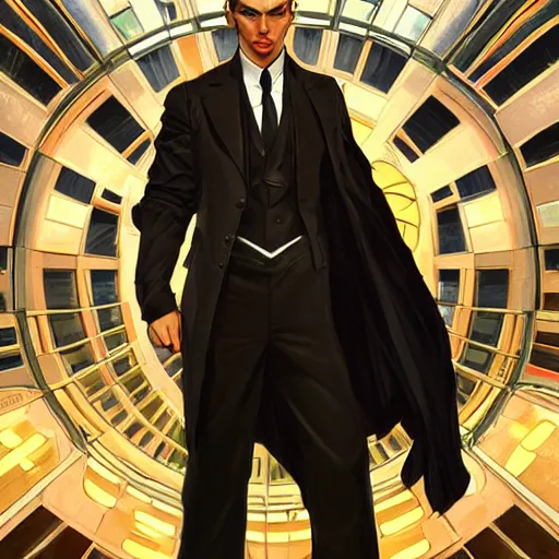 Image similar to character concept, wide angle, full body, symmetrical head - on centralized, young man with formal black suit. detailed, high quality, dynamic lightning, fantasy, scenematic. artwork by artgerm, wlop, alex ross, greg rutknowski, alphonse mucha