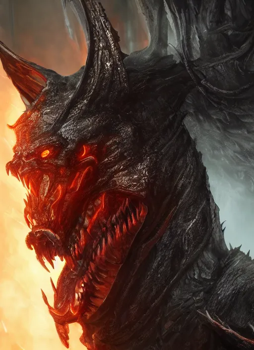 Image similar to hellhound, ultra detailed fantasy, elden ring, realistic, dnd character portrait, full body, dnd, rpg, lotr game design fanart by concept art, behance hd, artstation, deviantart, global illumination radiating a glowing aura global illumination ray tracing hdr render in unreal engine 5