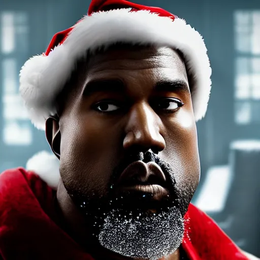 Image similar to Kanye West as santaclaus in 'Gears of War', splash art, movie still, cinematic lighting, detailed face, dramatic, octane render, long lens, shallow depth of field, bokeh, anamorphic lens flare, 8k, hyper detailed, 35mm film grain