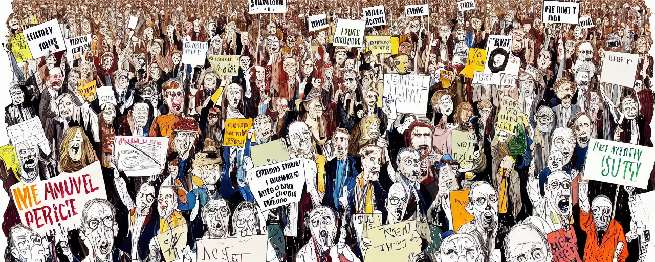 Image similar to an illustration of a crowd of very ordinary protestors with signs, front angle, by ralph steadman, illustration, ink splatters, pen and ink, flat color, colorful drawing, facing front, anatomically correct, beautiful perfect face, sharp focus, highly detailed, cinematic lighting, 8 k, hd