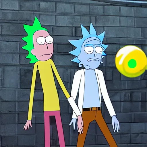 Image similar to real life rick and morty, DLSR photograph