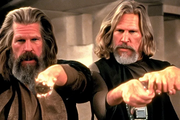 Image similar to Jeff Bridges from The Big Lebowski bowling in the Mos Eisley Cantina from Star Wars with Darth Vader