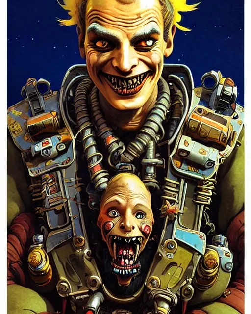 Image similar to junkrat from overwatch, slight smile, character portrait, portrait, close up, concept art, intricate details, highly detailed, vintage sci - fi poster, retro future, in the style of chris foss, rodger dean, moebius, michael whelan, and gustave dore