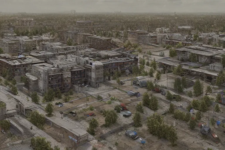 Image similar to a Moscow outskirts with mud and an old playground between two soviet five-storey panel houses, Brutalism, high details, cinematic, 8k resolution, beautiful detailed, insanely intricate details, artstation trending, octane render, unreal engine