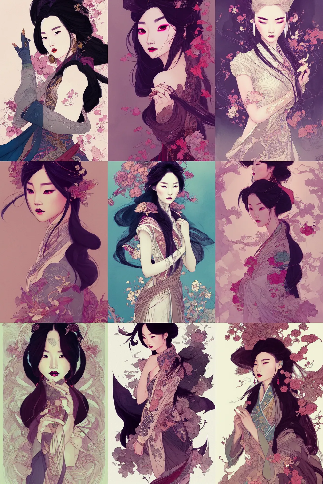 Prompt: highly detailed fashion portraits of a mulan and anastasia crossover, by sakimichan, conrad roset, mucha, greg rutkowski, loish, rossdraws, hearthstone, detailed and intricate gothic victorian environment.