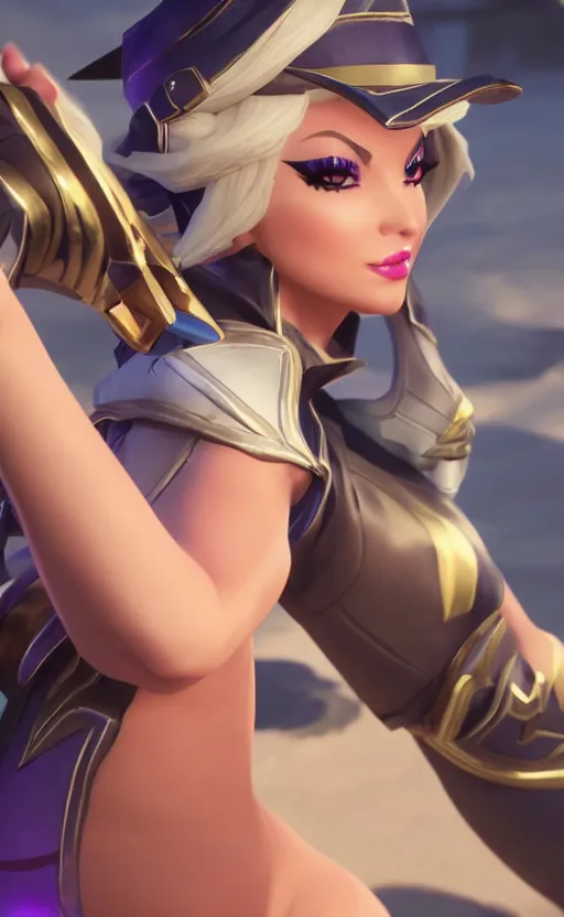 Image similar to still of pretty Ashe (League of Legends) in KDA More music video. 3d render, octane render, game art, realistic, highly detailed, trending on artstation, 4k, trending on artstation, pixar, cgsociety, unreal engine 5, redshift render, trending on artstation, blender, behance, cg