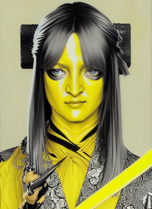 Image similar to uma thurman in kill bill, sword warrior, rococo and art nouveau fusion, swinging reflective katana, yellow jumpsuit with black stripe, highly detailed, deep focus, elegant, digital painting, smooth, sharp focus, illustration, ultra realistic, japanese art by artgerm and alphonse mucha