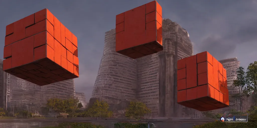 Image similar to highly detailed futuristic huge cube with red and orange glow, on the background brutalist architecture by Le Corbusier, abandoned buildings, empty streetscapes, surrounded by lush green vegetation, ground-level view, puddles of water, stunning volumetric lighting, sunset, trending on Artstation, 8k, photorealistic, hyper detailed, unreal engine 5, cinematic, epic lighting, cryengine, octane render, cyberpunk, dark, gloomy