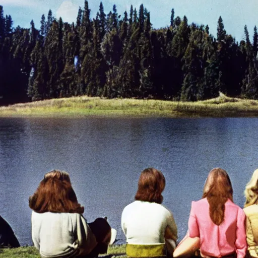 Prompt: color photograph from the sixties of people sitting by a lake in summer looking at a mushroom cloud on the horizon, faded colors, light leaks