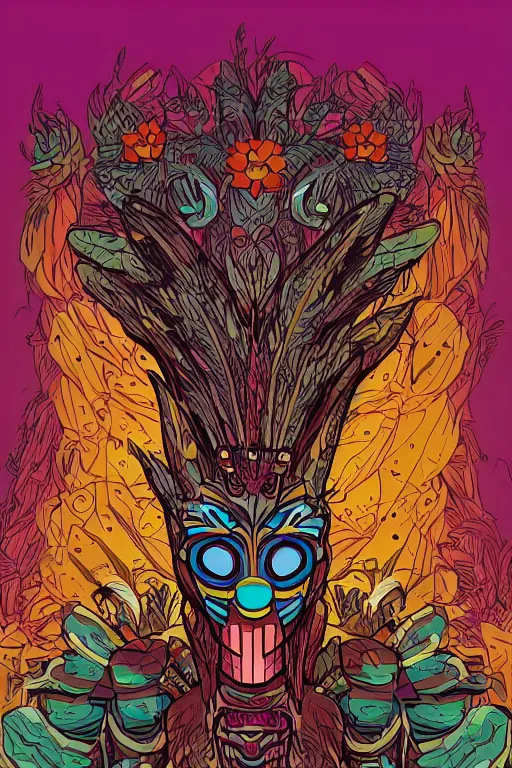 Image similar to animal mask totem roots flower tribal feather gemstone plant wood rock shaman vodoo video game vector cutout illustration vivid multicolor borderlands comics by josan gonzales and dan mumford radiating a glowing aura