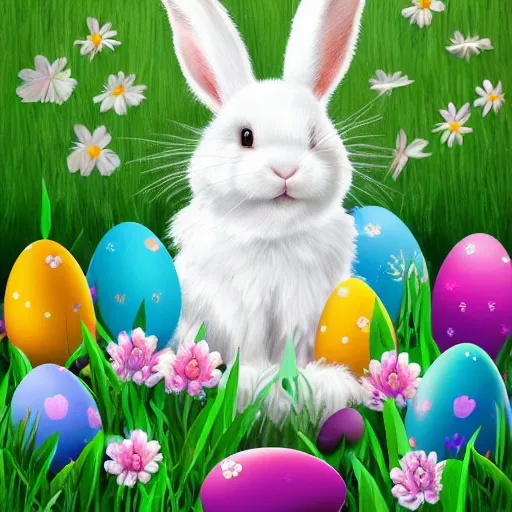 Image similar to cute fluffy white lop eared bunny rabbit sitting in meadow of spring flowers with easter eggs detailed painting 4k