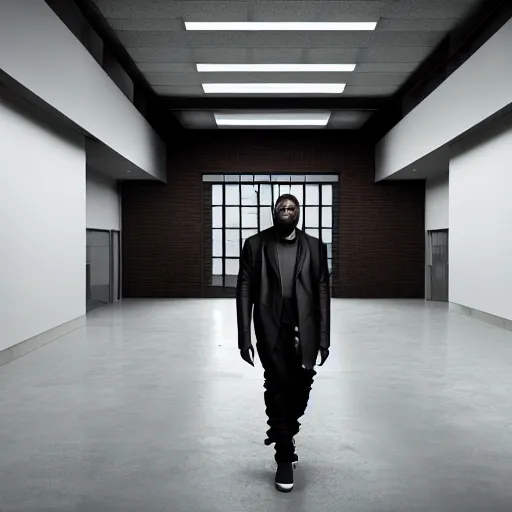 Prompt: kanye west in a long empty office building, the backrooms, dramatic lighting, 4 k, highly detailed