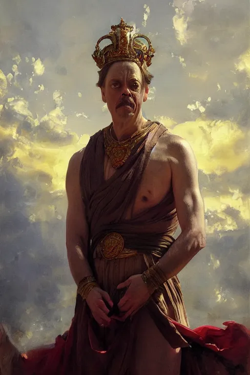 Image similar to beautiful expressive oil painting portrait of ancient roman god emperor steve buscemi ascending wearing the civic crown, art by anders zorn, wonderful masterpiece by greg rutkowski, beautiful cinematic light, american romanticism by greg manchess, jessica rossier