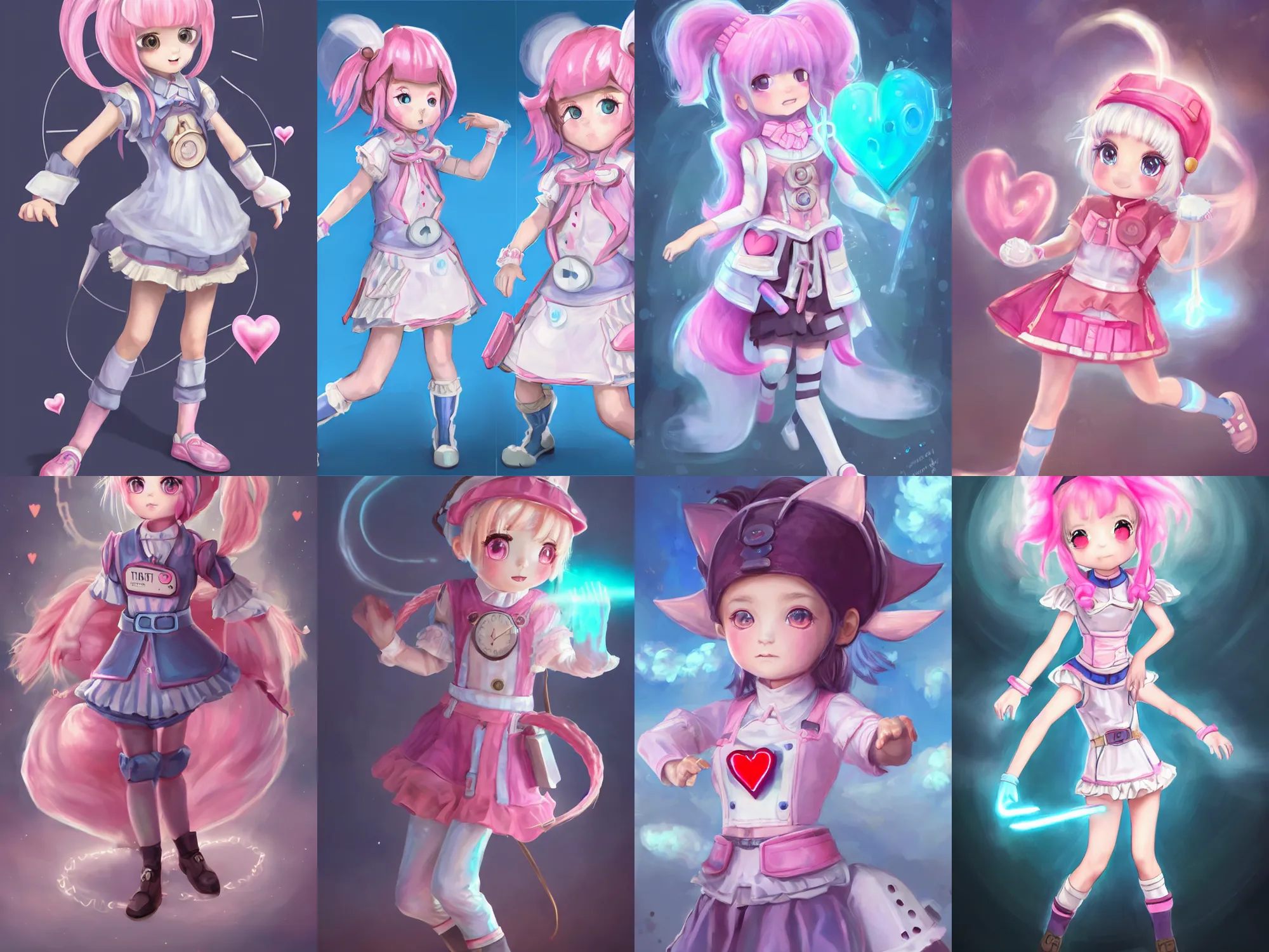 Prompt: Time traveler, small loli girl, with pointy ears, detailed face, pink and light-blue eyes, cotton candy-like hair with low heart-shaped drills, wearing a time traveler outfit clock style semi steampunk matching design, in a fighting stance, digital painting, artstation, concept art, soft light, hdri, smooth, sharp focus, illustration, art by tian zi and craig mullins and WLOP and alphonse mucha, Mihoyo Art style, visual novel sprite