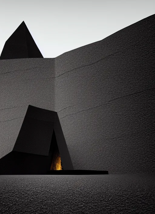 Image similar to tall black geometric house embedded in tall a lava cliff, full view, black house, molten metal house, minimal, rippled white landscape, dwarven architecture, light from molten iron, octane render, hyper realistic, 8 k, octane render