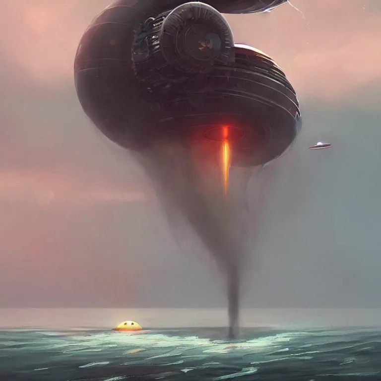 Prompt: mechanical spaceship called the nautilus dripping wet emerging from a the ocean, launching to space, big booster rocket engines, sci - fi concept art, by john harris, by simon stalenhag, stunning, award winning