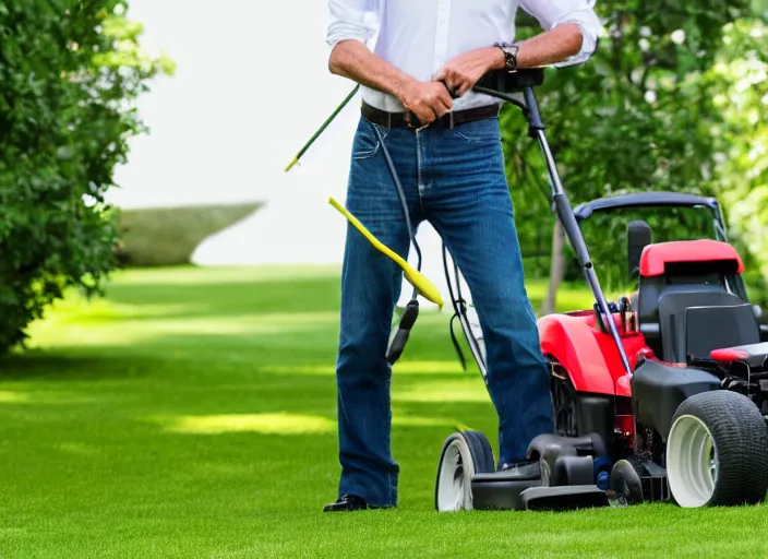 Prompt: pierce brosnan mowing the lawn, 8 k, 8 5 mm f 1. 8, studio lighting, rim light, right side key light