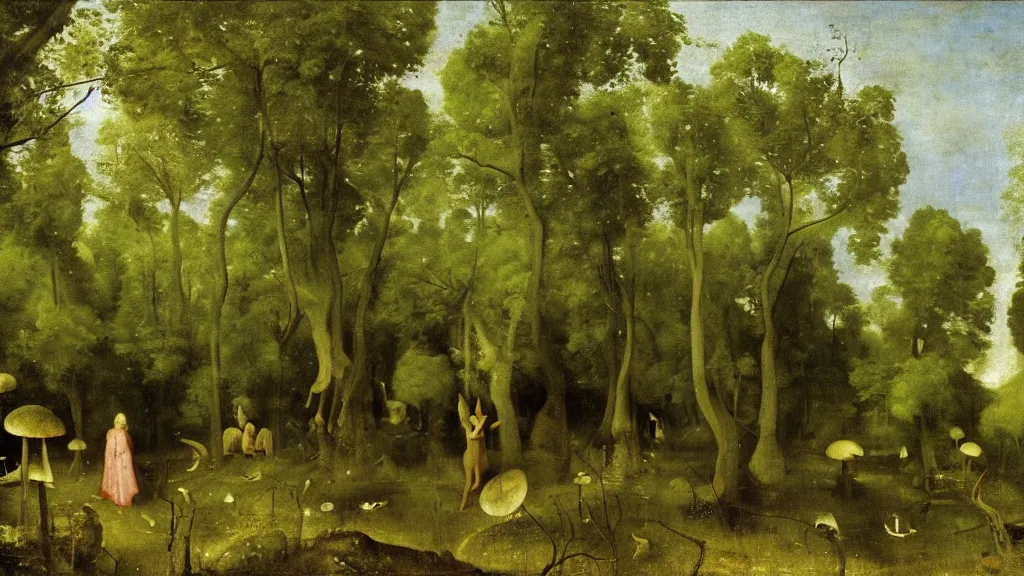 Prompt: landscape of a fey forest, by camille corot, by hieronymus bosch, fine art, volumetric lighting, giant mushroom trees, woodland spirits