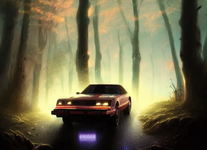 Prompt: detailed intricate digital illustration by greg rutkowski and artgerm and wlop and sanford robinson gifford ; 1 9 8 8 vehicle, glowing headlights, foggy forest in background ; 1 3 mm film, close up head on arri alfa anamorphic lens ; sharp focus, soft evening lighting, trending on artstation 4 k