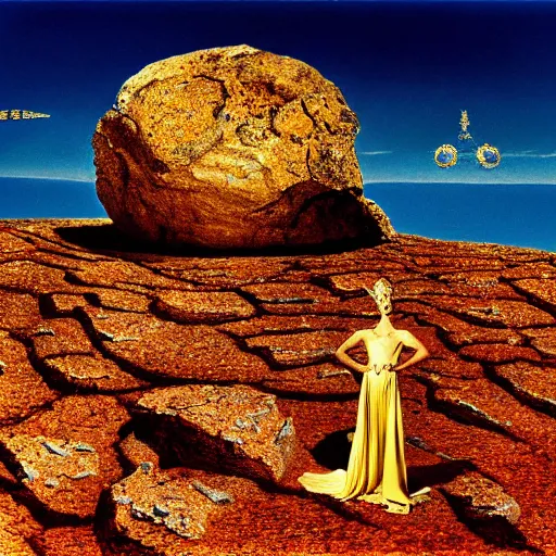 Image similar to salvador dali wearing a golden dress with jewels in a dry rocky desert landscape, visible sky and sunny atmosphere, film still from the movie by alejandro jodorowsky with cinematogrophy of christopher doyle and art direction by hans giger, anamorphic lens, kodakchrome, very detailed photo, 8 k