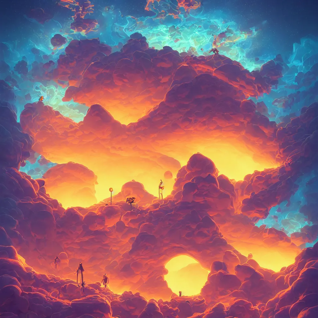 Image similar to Primal Atomic Energies, colorful pixar moongate, digital matte black paper art pastiche by Moebius and by Cyril Rolando, Beautiful epic night fire inscape, pastiche by Moebius, Cyril Rolando, Shawn Coss, Junji Ito, and Roger Dean