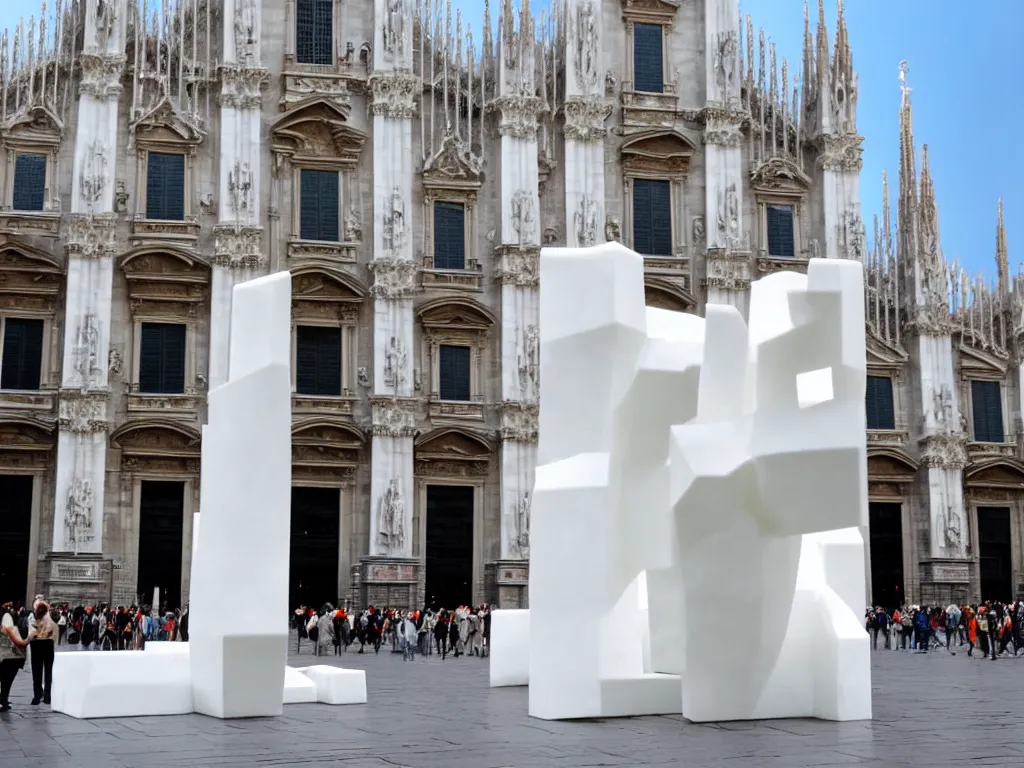 Prompt: huge white plastic sculpture by eduardo chillida on milan duomo square