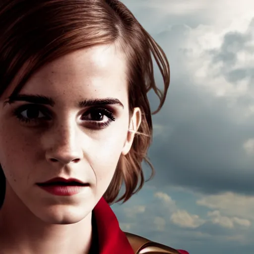 Image similar to cute emma watson wearing iron man's suite flying in new yourk, beautiful face, pale skin, rule of thirds, cinematic lighting, rainy weather, melancholy atmosphere, sharp focus, backlit, stunning, smooth, hard focus, full body shot, instagram photo, shot on sony a 7 iii, hyper realistic