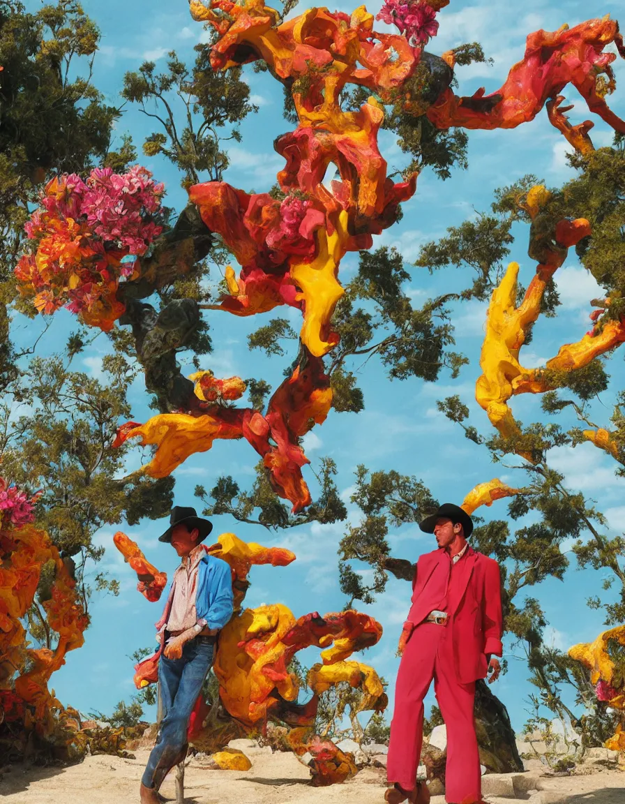 Prompt: a cowboy turning into blooms by slim aarons, by zhang kechun, by lynda benglis. tropical sea slugs, angular sharp tractor tires. complementary bold colors. warm soft volumetric dramatic light. national geographic. 8 k, rendered in octane, smooth gradients. angular sculpture by michelangelo.