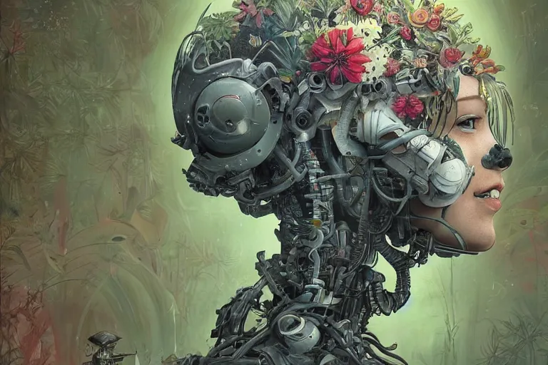 Prompt: gigantic robot - girl head floating in the space, a lot of exotic plants, trees, flowers, oldschool vintage sci - fi flat surreal grainy design, super - detailed, painting by kim jung gi, hd, 4 k, high quality