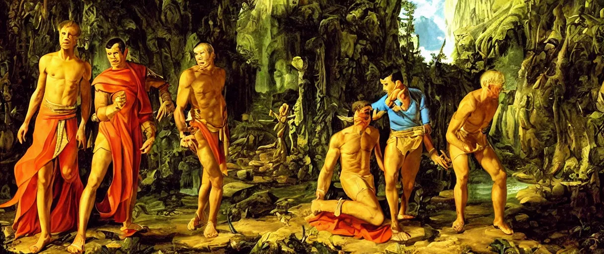 Prompt: a baroque painting of captain kirk and spock visiting an aztek temple in the jungle