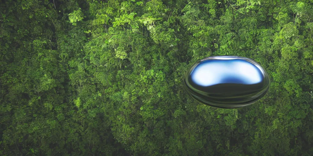 Image similar to photo of a chrome blob hovering in the amazon jungle, cinematic wide shot