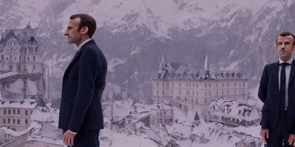 Image similar to still of Emmanuel Macron in The Grand Budapest Hotel (2014), cinematic