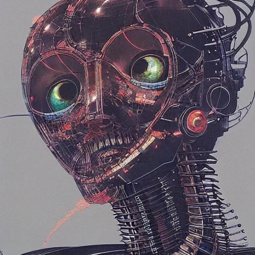 Image similar to “ a simple sci - fi concept art portrait of a sleek robot design, a highly detailed yoshitaka amano painting, by adrian ghenie and gerhard richter. art by takato yamamoto. masterpiece, deep colours. ”