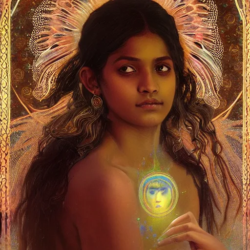 Image similar to Sri lankan girl as a winged angel covered in eyes with glowing halo, iridescent, seraphim, fantasy, intricate, elegant, highly detailed, digital painting, artstation, concept art, smooth, sharp focus, illustration, art by Krenz Cushart and Artem Demura and alphonse mucha