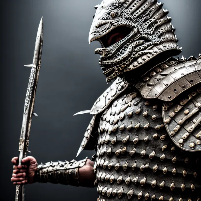 Image similar to photo of a warrior with metal crocodile themed armour, highly detailed, 4 k, hdr, smooth, sharp focus, high resolution, award - winning photo