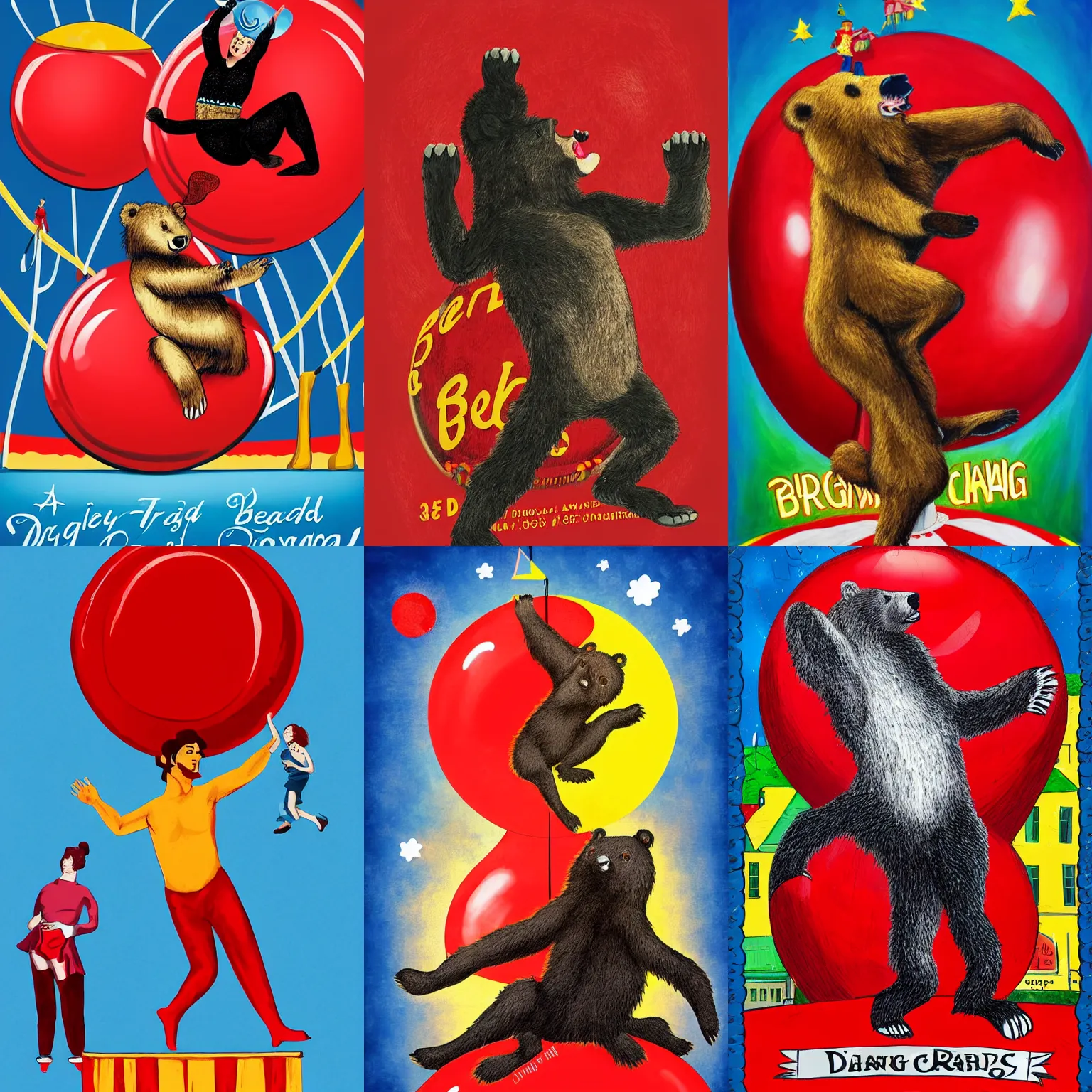 Prompt: a dancing bear on a big red ball. circus poster, realistic, illustration, performance.