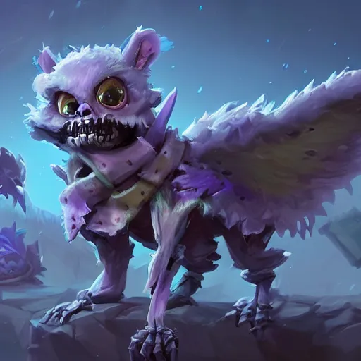 Image similar to cute fluffy animal skeleton creatures. hearthstone animal creatures, graveyard background, bright art masterpiece artstation. 8k, sharp high quality artwork in style of Jose Daniel Cabrera Pena and Greg Rutkowski, violet theme, concept art by Tooth Wu, hearthstone card game artwork